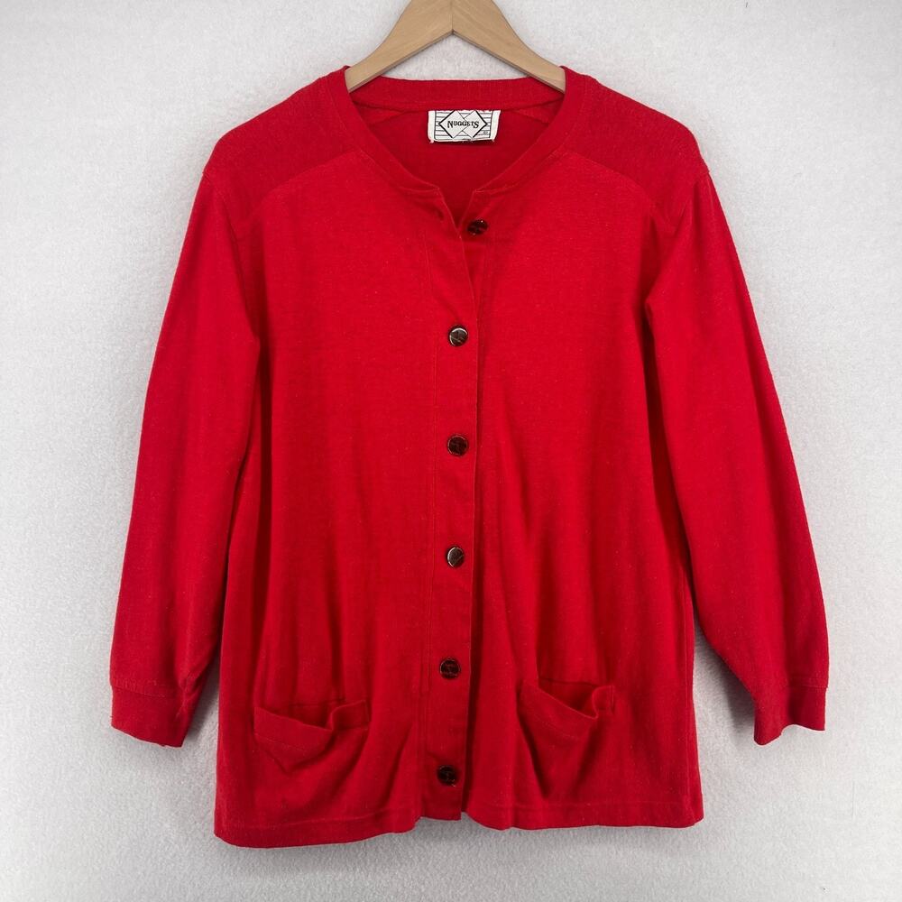NUGGETS Top Womens M Button Front Cardigan Long Sleeve Cotton Blend Red USA VTG